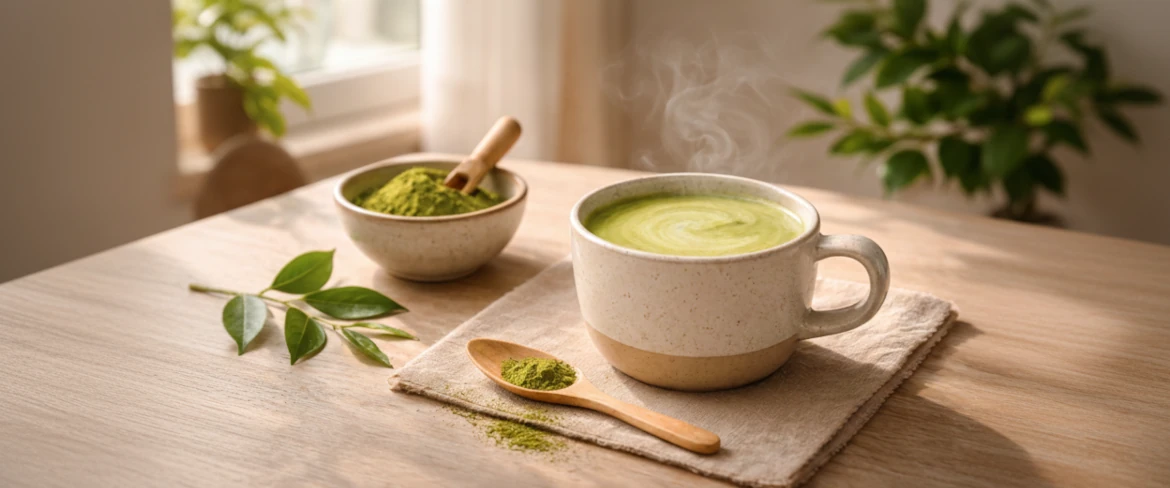 Matcha latte – vad är det? Grönt matchate med mjölk serverat i en kopp.