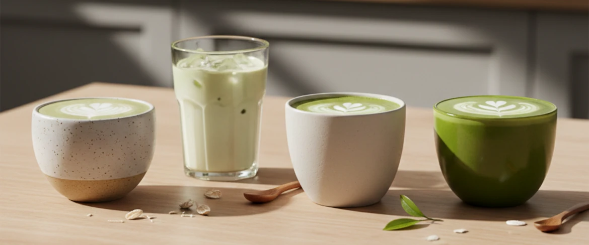 Matcha latte med olika typer av mjölk – havre, kokos och mandel