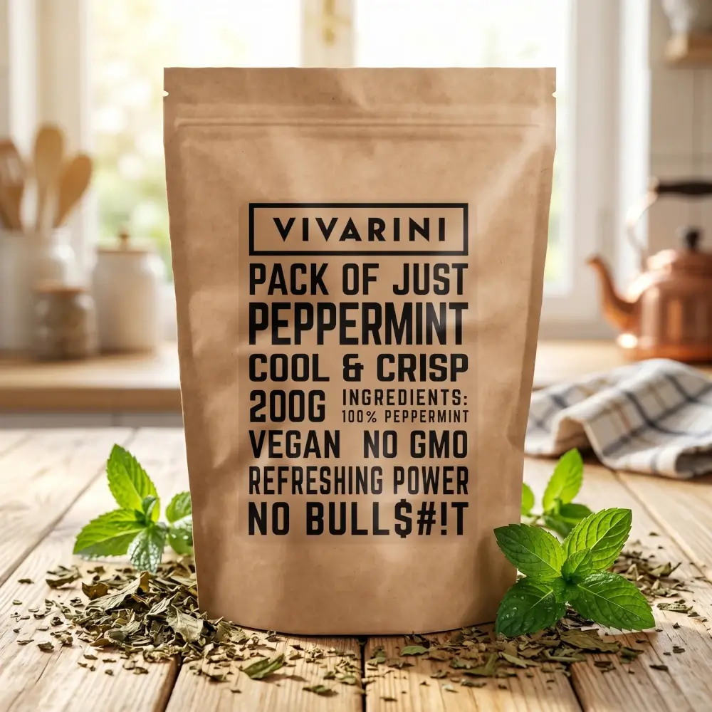 Torkad pepparmynta från märket Vivarini i en miljövänlig pappersförpackning med krossade blad utspridda i förpackningen