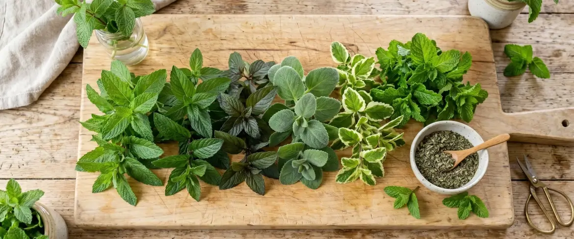 En skärbräda med olika sorters mynta