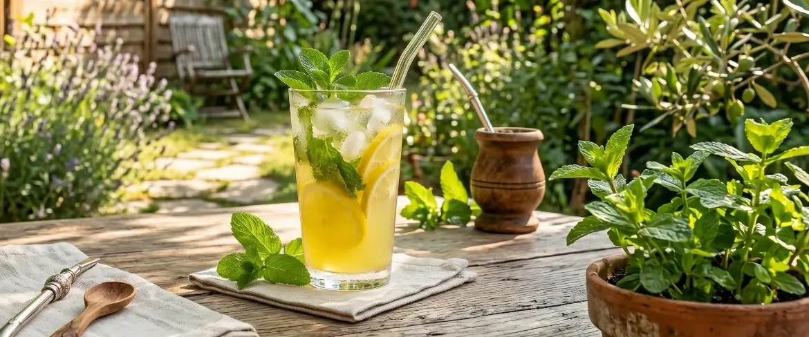 En uppfriskande kall lemonad med is bredvid en traditionell matekanna – hur man använder mynta på sommaren