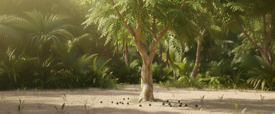 Moringaträdets blad i tropiskt solljus – naturlig odling av moringa