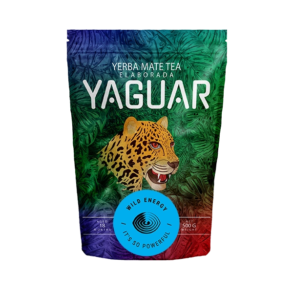 Kraftfull argentinsk yerba mate av märket Yaguar Wild Energy i en doypack-förpackning.