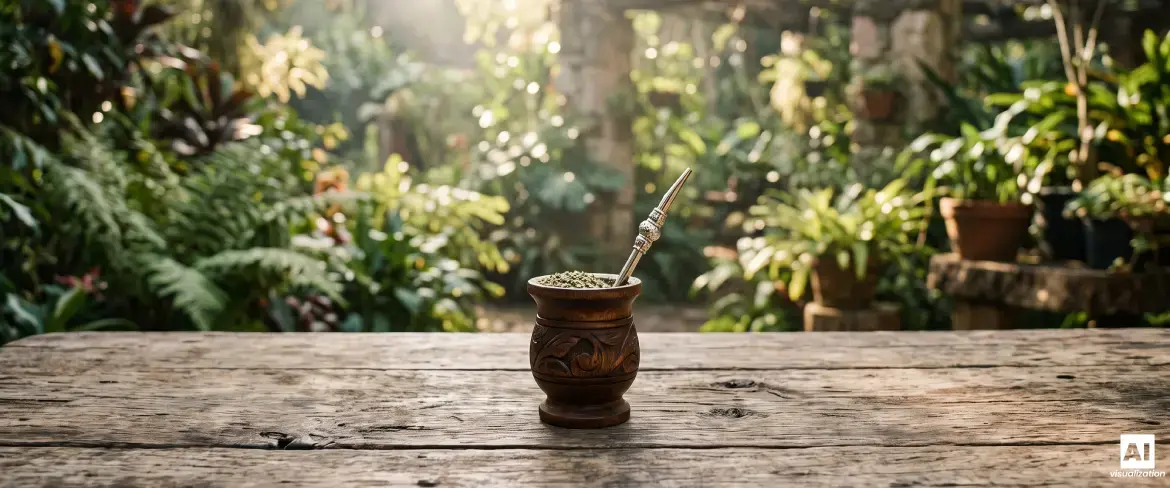 En matekalk av trä med stark yerba mate och en bombilla mot en bakgrund av grönt lövverk.