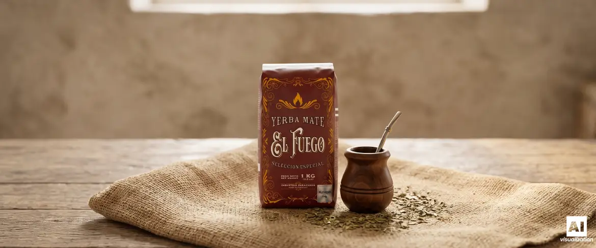 El Fuego Elaborada 1 kg och en matekopp med yerba mate på traditionell juteduk.