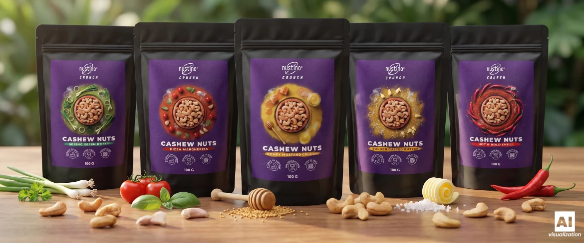 Fem förpackningar med Nustino Crunch – rostade cashewnötter med smaksättning.