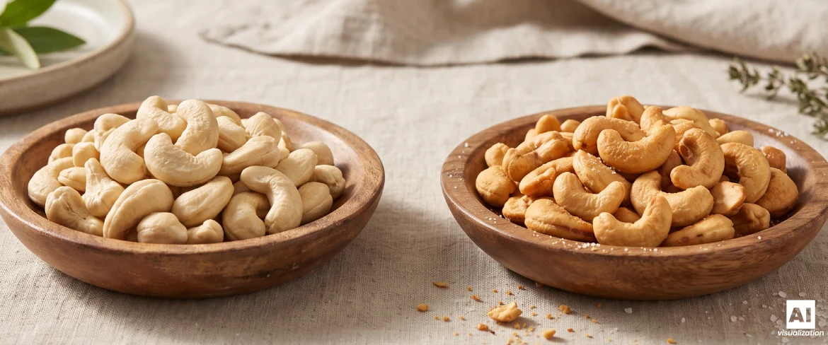 Naturliga och rostade cashewnötter i träskaålar.