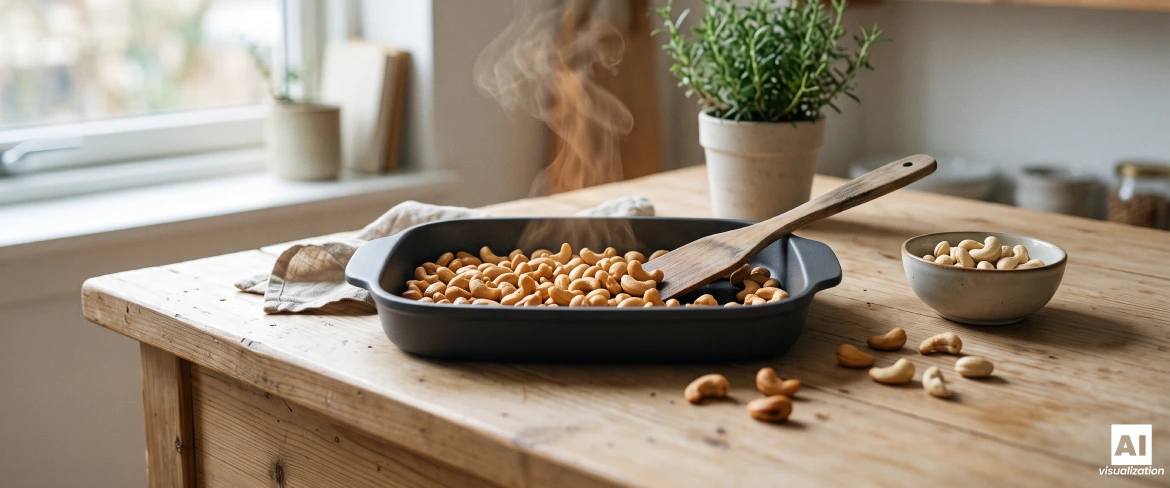 Rostade cashewnötter på en bakplåt med en träspatel under värmebehandlingen.