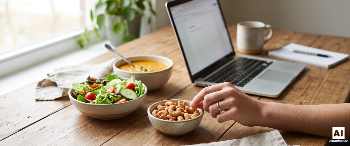 Rostade cashewnötter i en skål bredvid en sallad, en soppa och en bärbar dator.