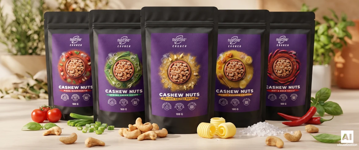 Fem olika smaker av Nustino Crunch-rostade cashewnötter.