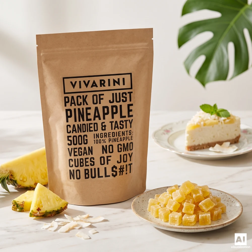 En doypack med Vivarini-kanderad ananas bredvid en kokosnötcheesecake och färska ananasskivor på en arbetsbänk.