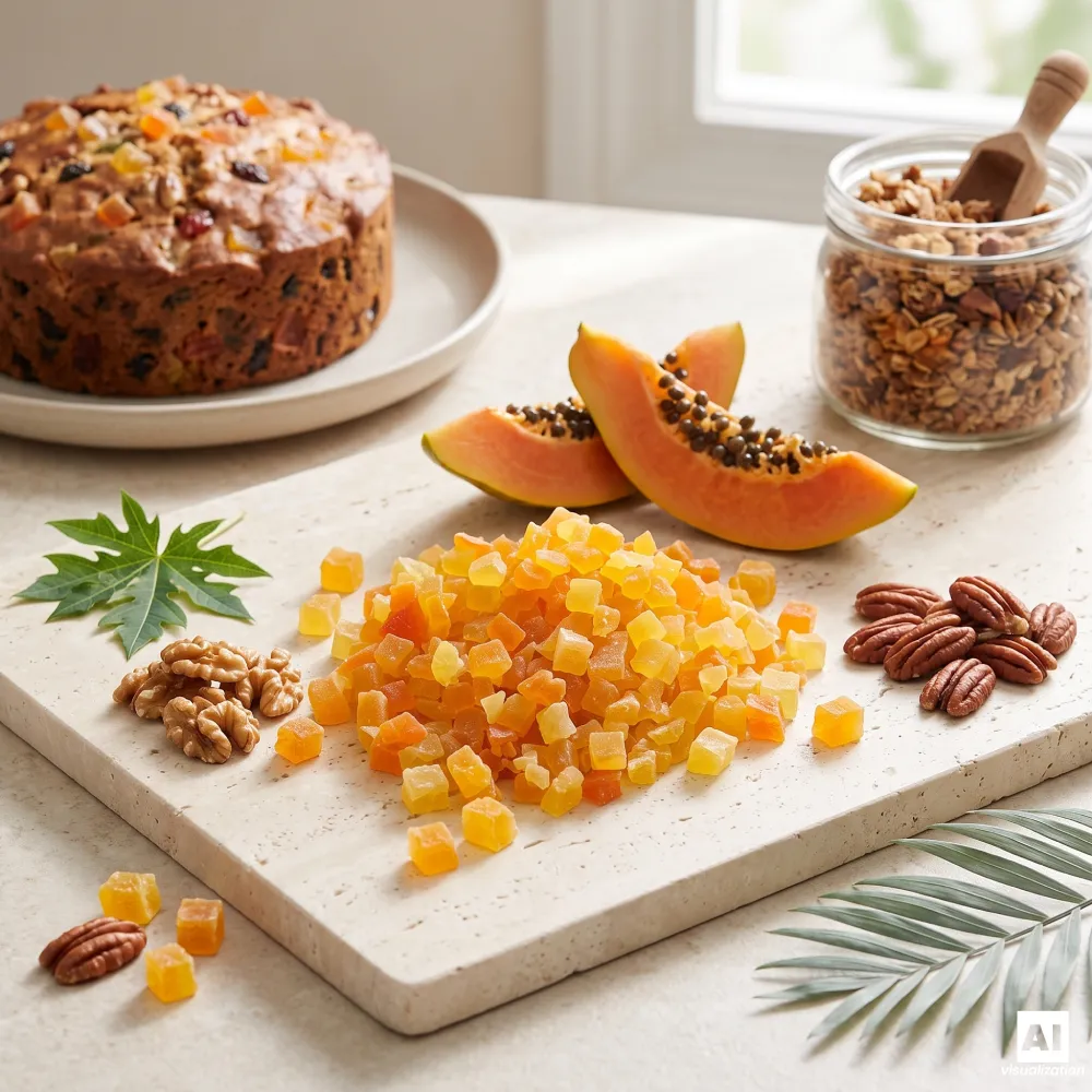 Bitar av kanderad papaya bredvid en fruktkaka, en burk med hemlagad granola, nötter och färsk, mogen papaya.