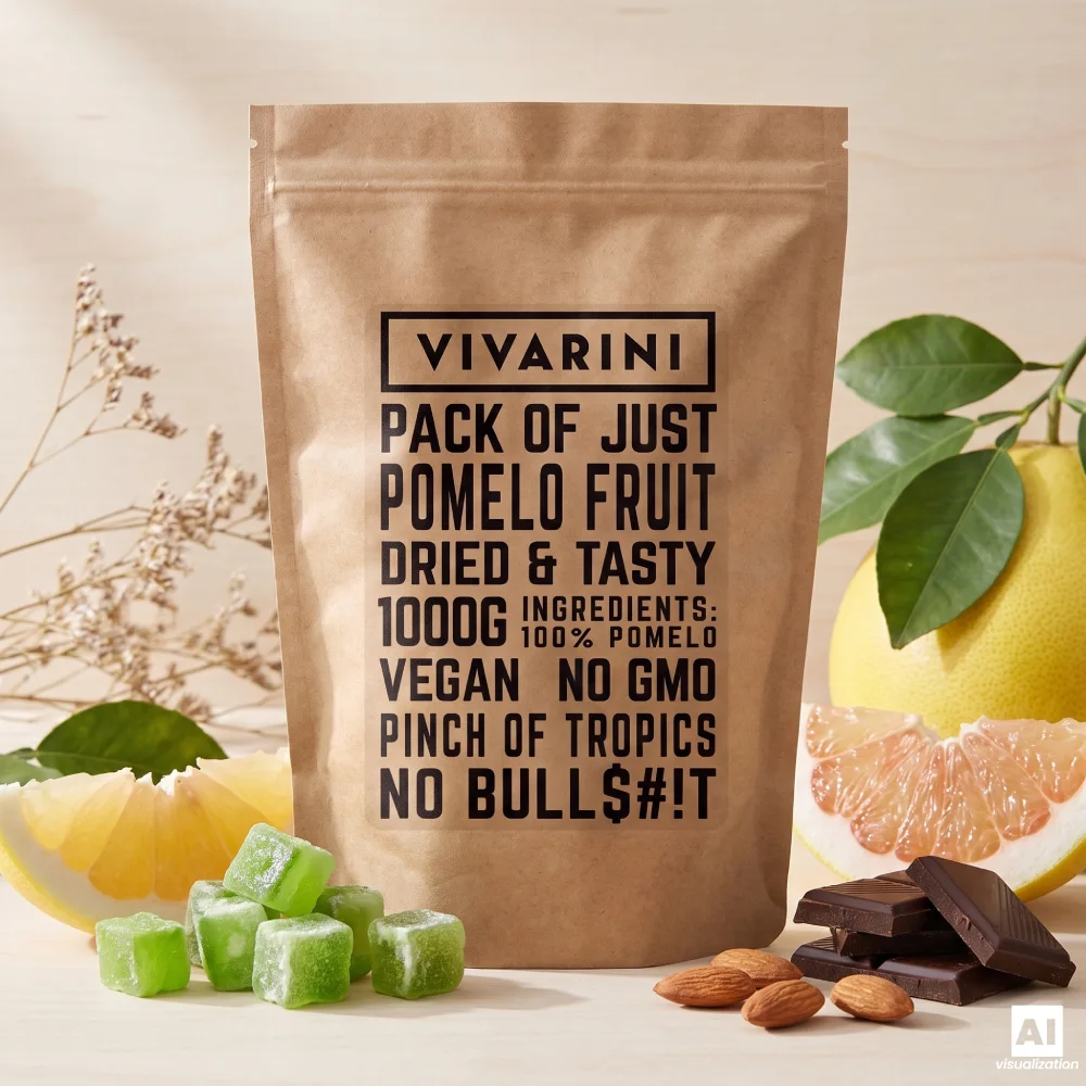 En förpackning med Vivarini-kanderad pomelo bredvid färska citrusfrukter, mörk choklad och mandlar.