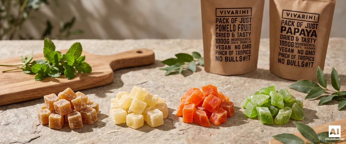 Kuber av kanderad frukt bredvid doypack-förpackningar med Vivarini-kanderad pomelo och kanderad papaya på en bänkskiva av sten.