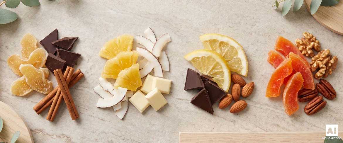 Förslag på smakkombinationer: kanderad frukt med choklad, nötter, kokos och värmande kryddor.