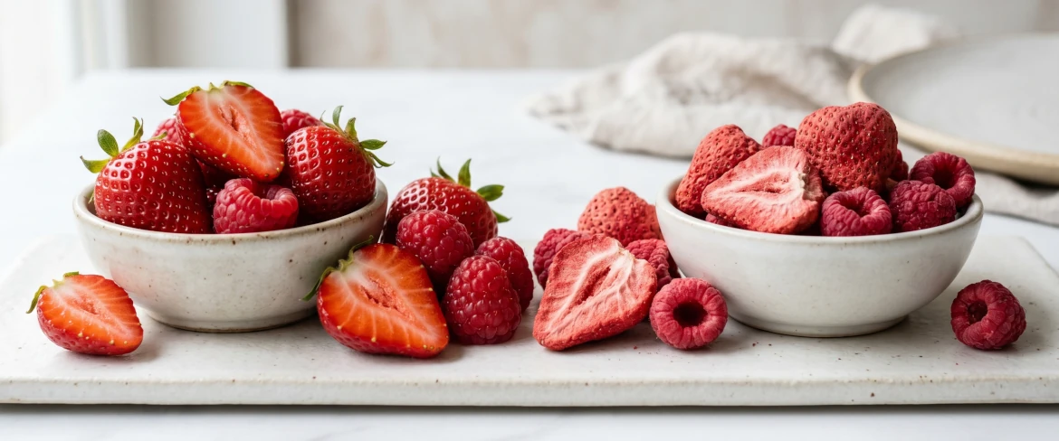 Frystorkade jordgubbar och frystorkade hallon jämfört med färsk frukt