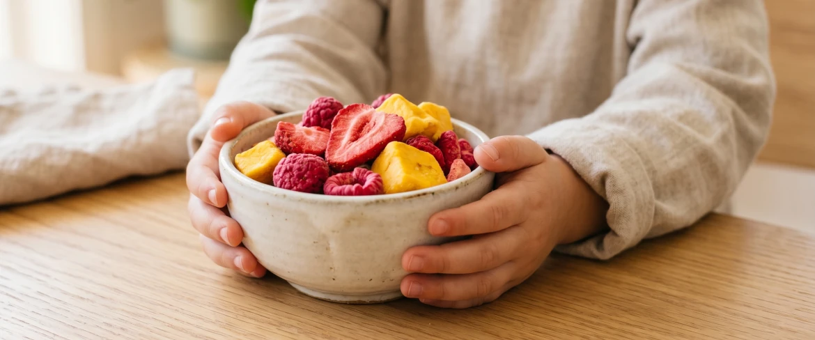 Frystorkad frukt för barn – ett hälsosamt mellanmål i en skål