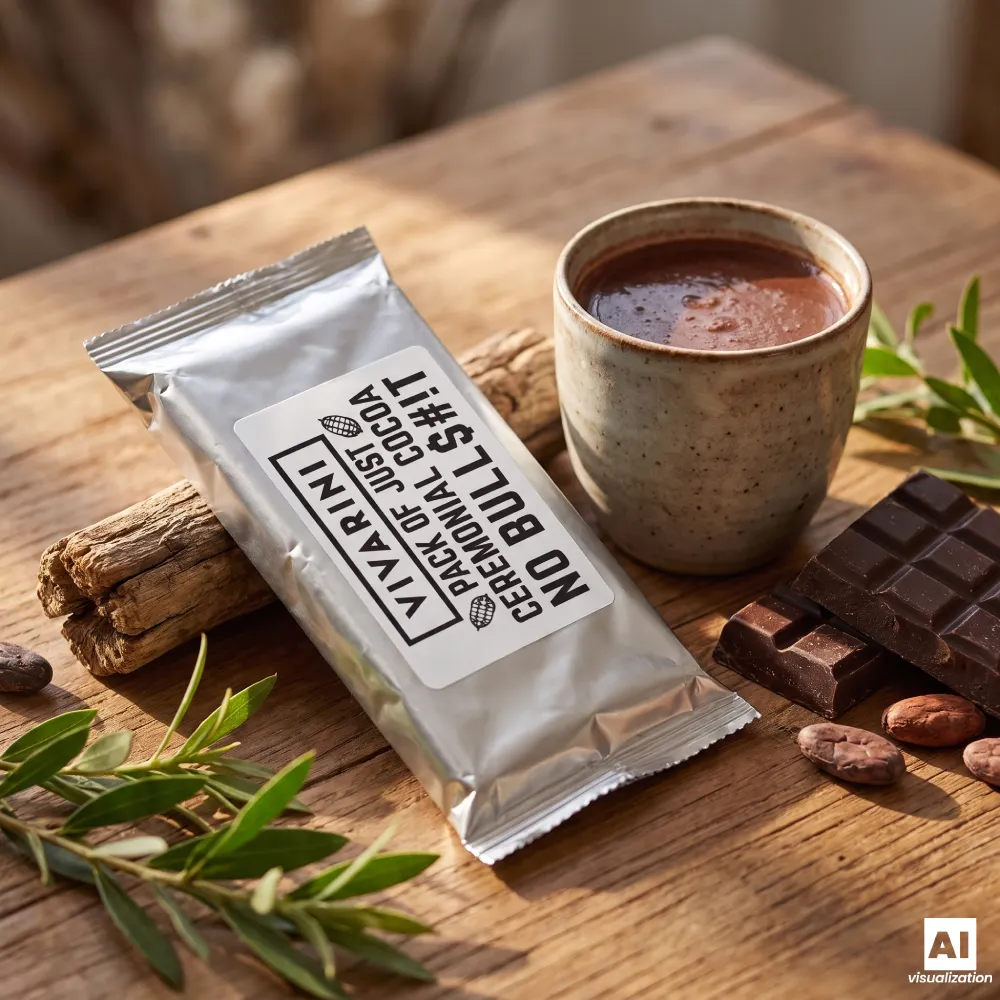Vivarini Criollo-ceremoniell kakao i silverförpackning bredvid en kopp kakao.