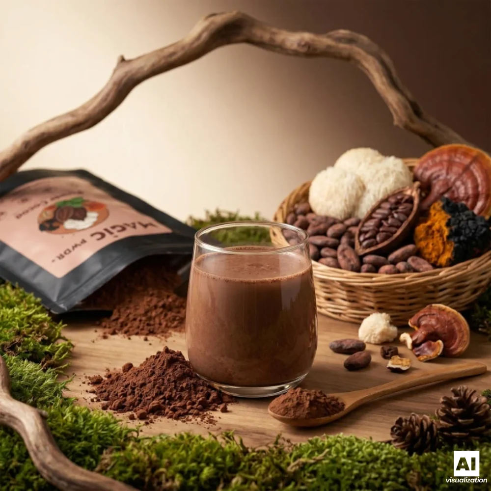 Magic Pwdr Power Cocoa, det vill säga kakao med svampextrakt, bredvid en kopp varm chokladdryck.