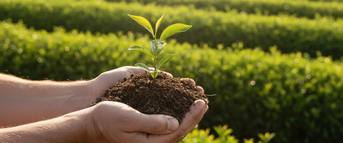 Odling av ekologiska produkter och ekologisk mat – naturliga yerba mate- och teplantager i solljus