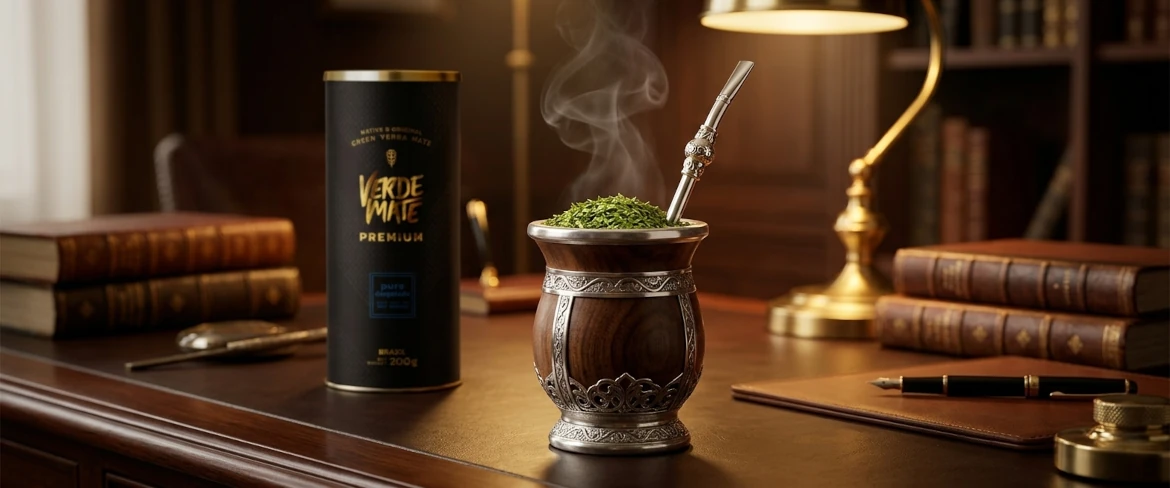 Den traditionella ritualen att brygga varm premium-yerba mate i en elegant mate-kalebass bredvid en tub från märket Verde Mate