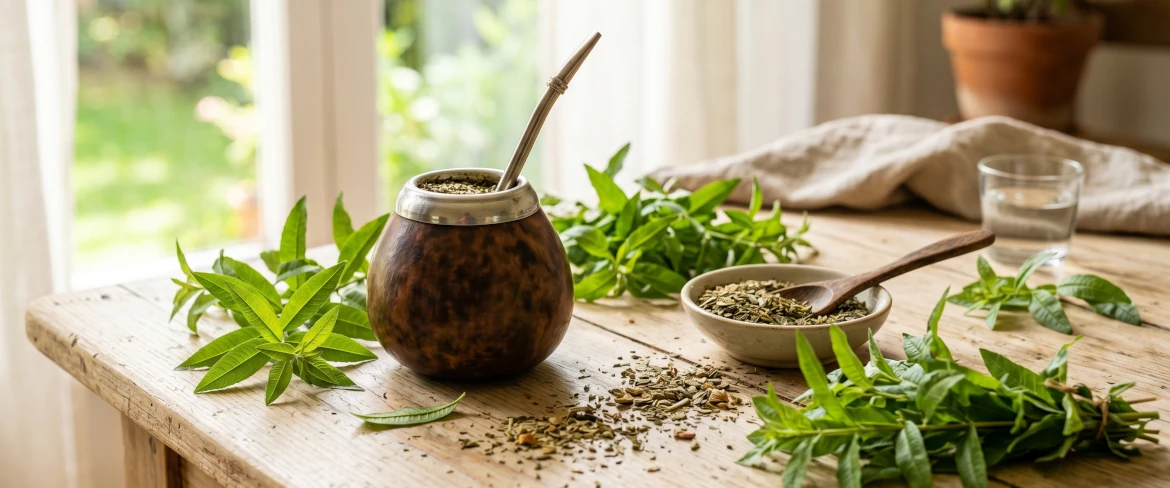 En yerba mate-kalebass omgiven av örter. Upptäck vad man kan tillsätta citronverbena i.