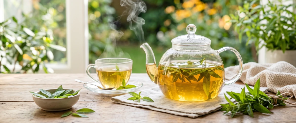 Varm citronverbena-te i en glastekanna.