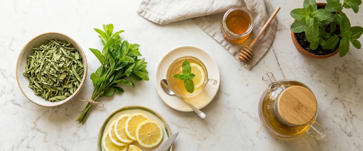 Ingredienser till citronverbenate, visade i en vy uppifrån och ner.