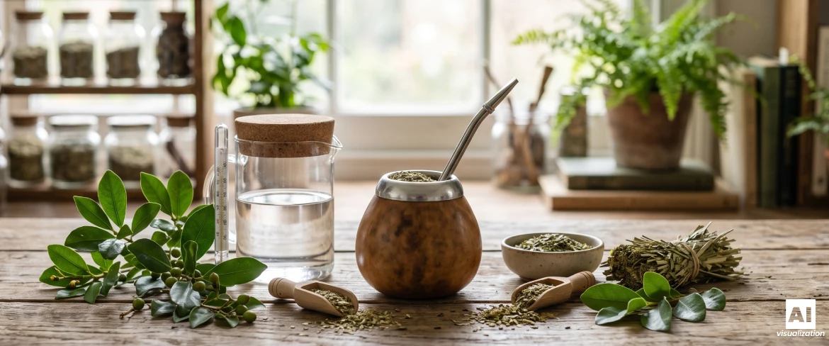 En matekanna med yerba mate, yerba mate-blad, torkad yerba mate, vatten och en termometer för bryggning.