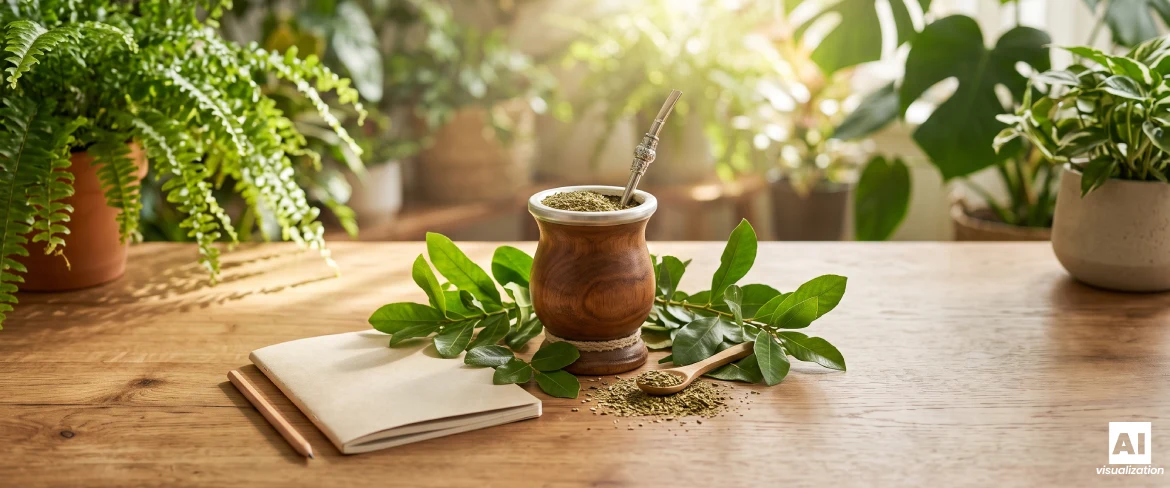 Yerba mate i en matekopp av trä med yerba mate-blad och en anteckningsbok på ett bord.
