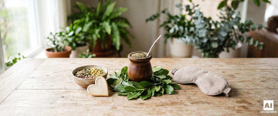 Yerba mate i en mate-kalebass omgiven av löv, örter och en sömnmask.