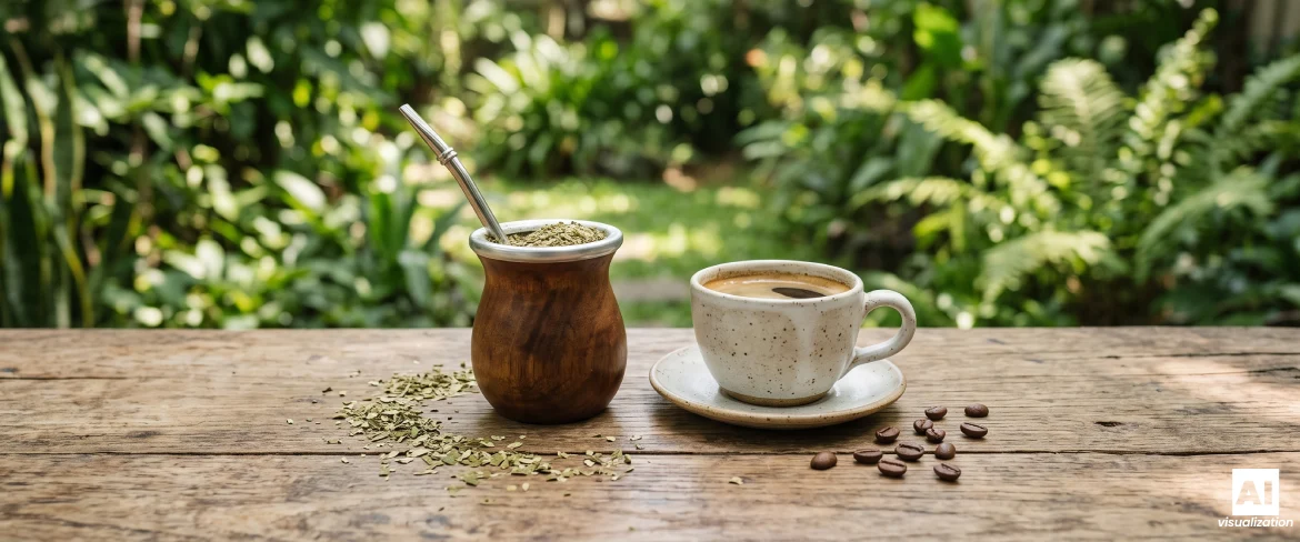 Yerba mate och en kopp kaffe står bredvid varandra på ett träbord.