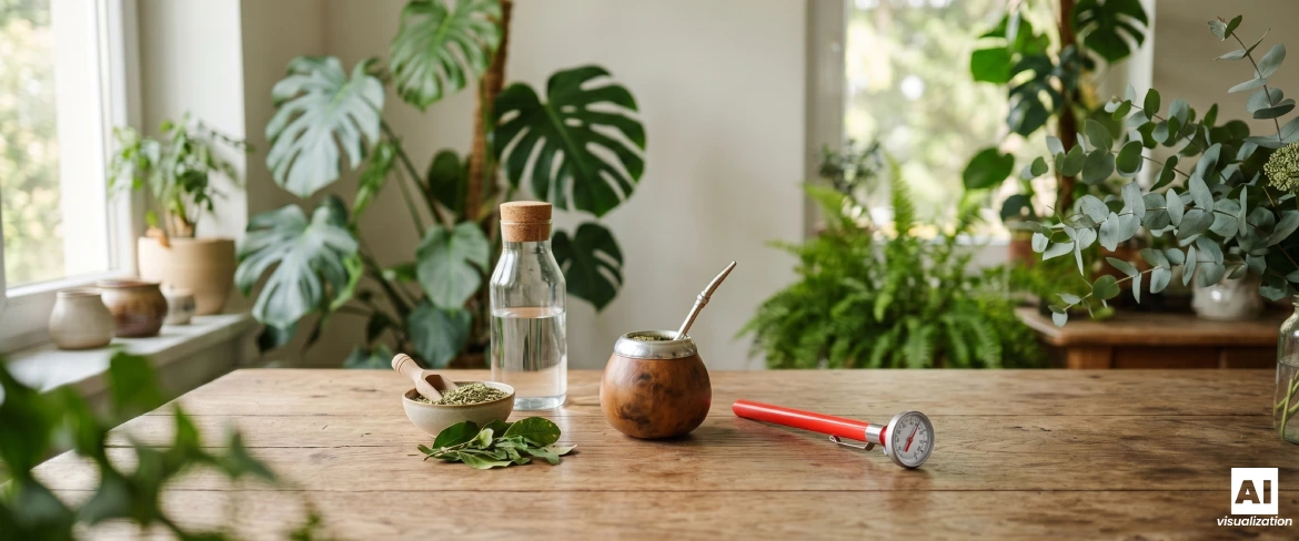 En matekanna med yerba mate, vatten, torkad yerba mate och en termometer för att mäta infusionsvätskans temperatur.