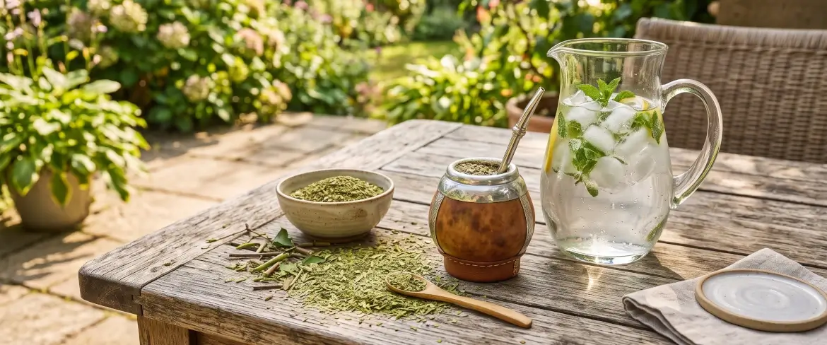Yerba mate-blad och en glaskanna med iskallt vatten