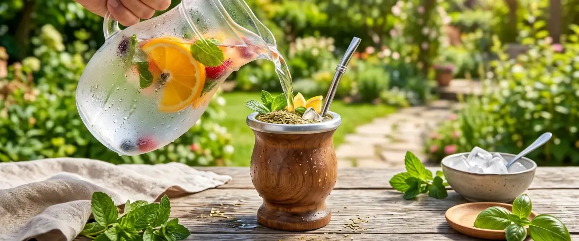 Kall yerba mate hälls i kyld fruktjuice för att tillaga tereré