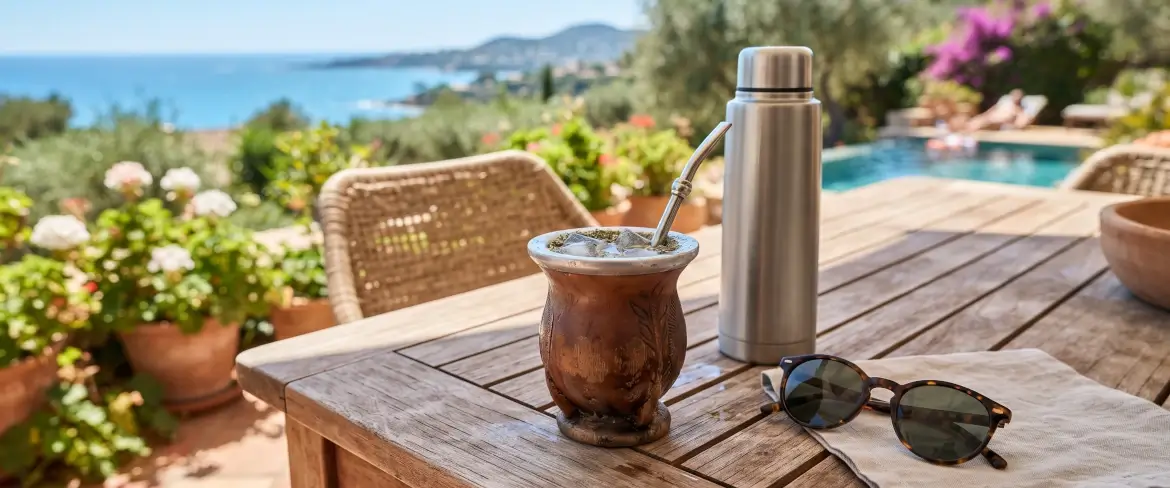 Sommaravkoppling på en terrass med en termos och en mate-kalebass