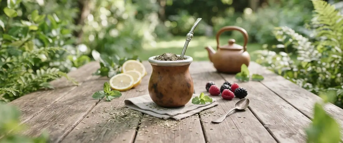 En matekanna med yerba mate på ett träbord, med citron och mynta bredvid, vilket skapar en naturlig miljö för drycken.