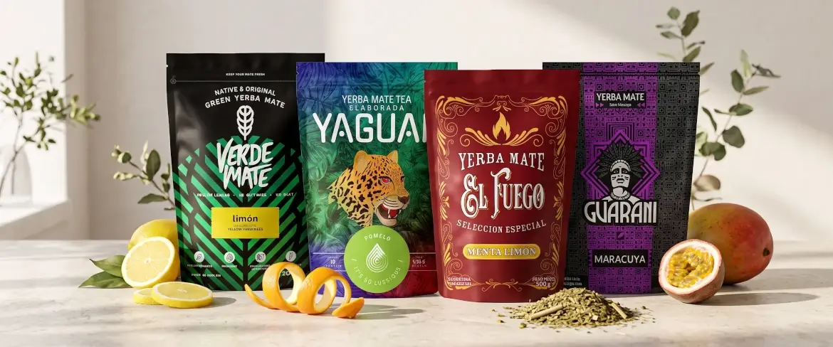 Doypack-förpackningar med yerba mate i olika smaker med frukt, bland annat citrus och fruktig yerba mate.