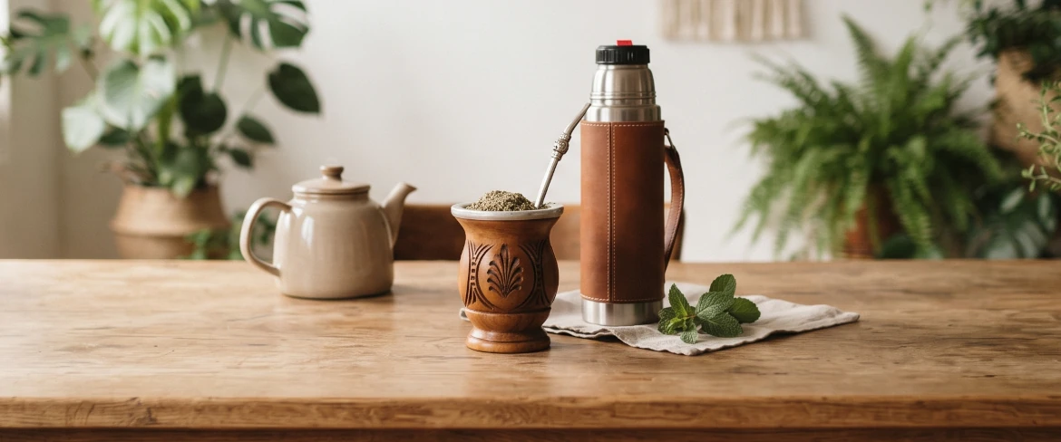 En matekalebass med yerba mate, en termos och tillbehör för bryggning på ett bord, som illustrerar det dagliga yerba mate-ritualet.