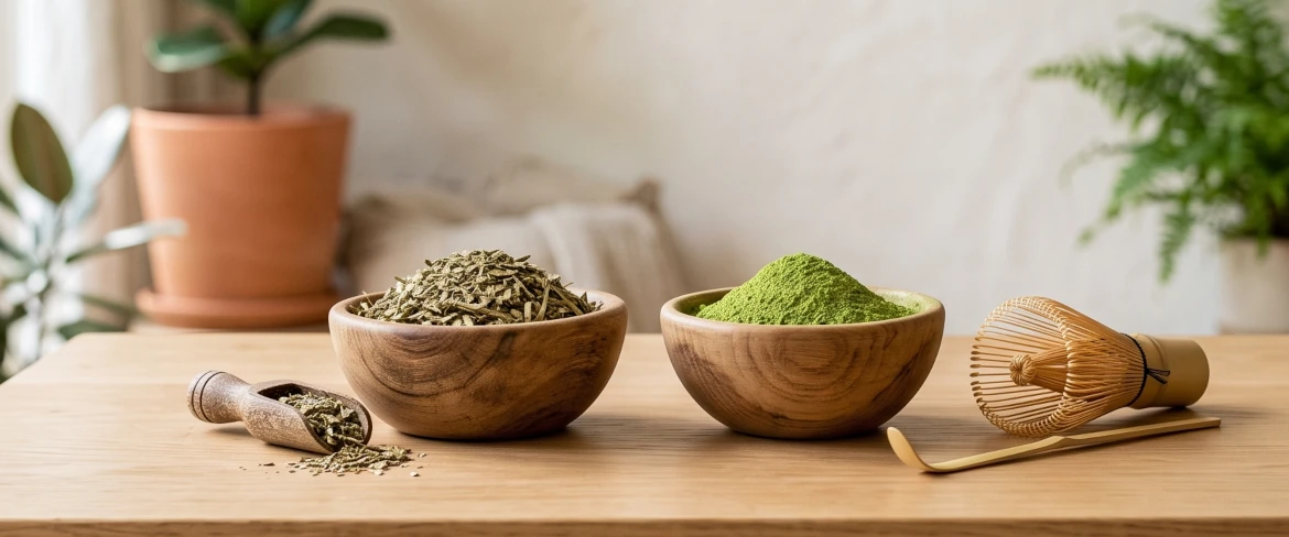 Matcha-grönt te kontra yerba mate: träskålar med torkade yerba mate-blad och grönt matchapulver.