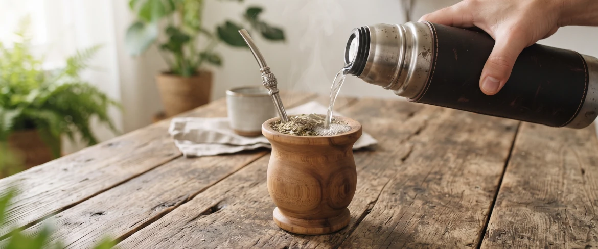 Varmt vatten hälls från en termos i en mate-kalebass av trä med yerba mate och en bombilla.