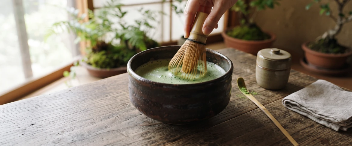 Traditionell tillredning av matcha i en mörk skål med en chasen-visp av bambu.