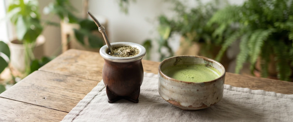 Direkt jämförelse mellan matcha och yerba mate: en mate-kalebass med en bombilla och en keramikskål med te.