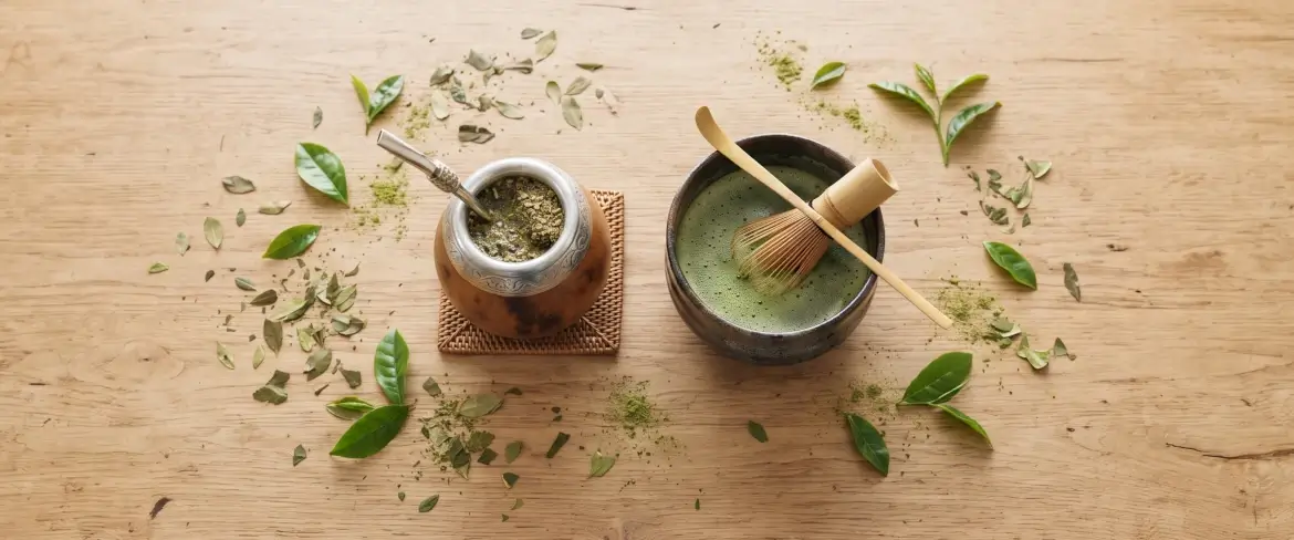 Ovanifrån: yerba mate och matcha – en matekalk av trä och en keramikskål omgiven av blad.