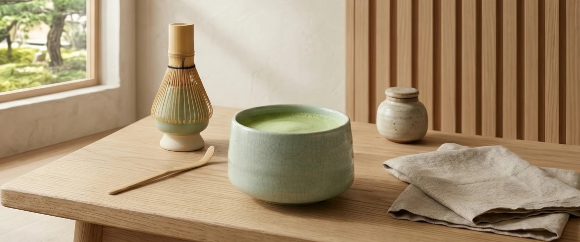 Matchate i en matchawan-skål med en chasen-visp – matcha-teset