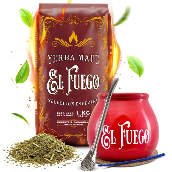 Yerba Mate-set: El Fuego Elaborada 1kg + Kalebass + Bombilla
