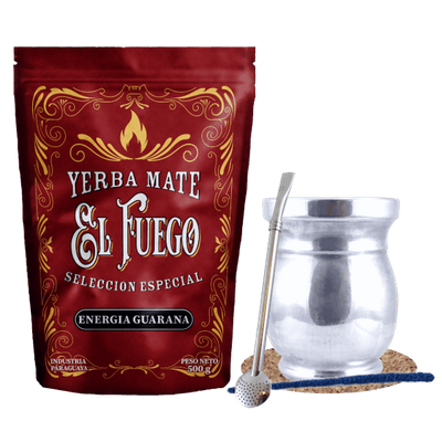 Yerba Mate Set: El Fuego Energia Guarana 500g + Palo Santo + Bombilla