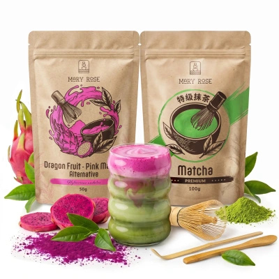 Set för färgglad Matcha Latte: Matcha + Pink Matcha + tillbehör
