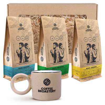 Bro Coffee Roastery presentset: 3× brasilianskt kaffe + mugg