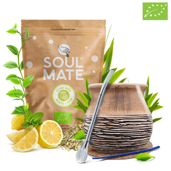 Yerba Mate Set Soul Mate Organica Menta Limon 500g 0,5kg Kalebass + Bombilla